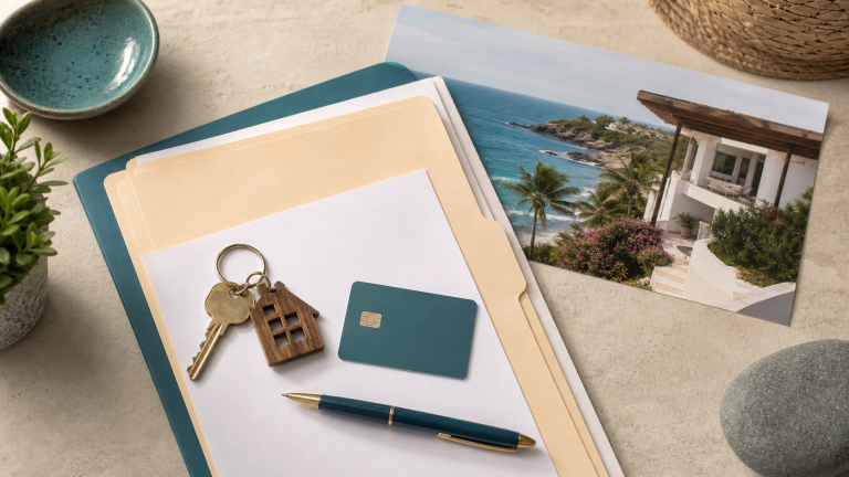 Property documents, key, and coastal real-estate materials representing a Mexico fideicomiso explainer.