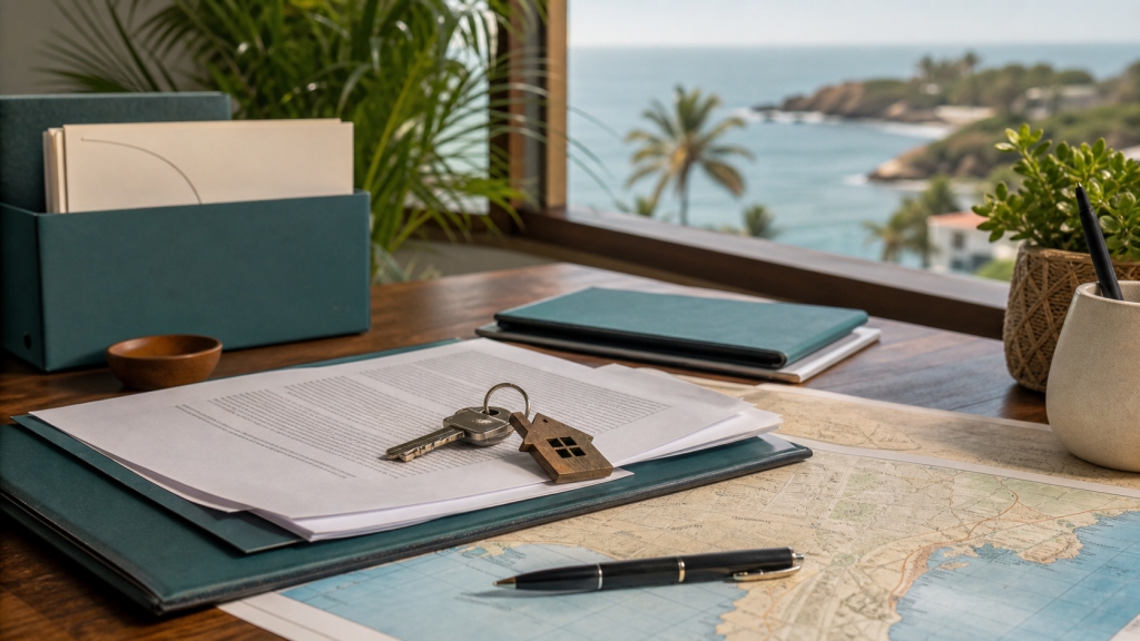 Documents, keys, and a coastal map representing the fideicomiso process for Puerto Escondido buyers.